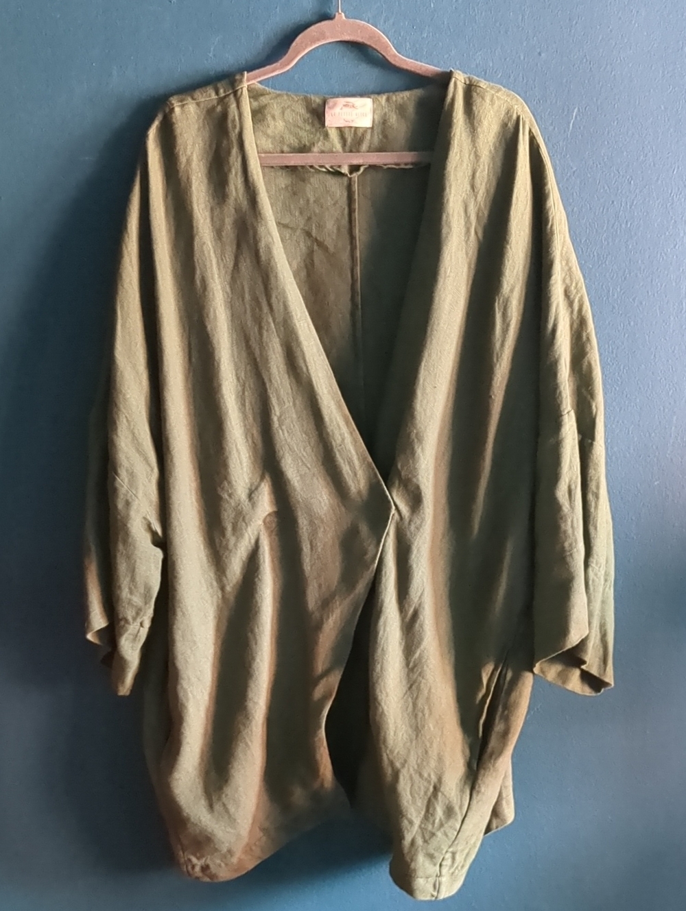 100% Linen La Petite Alice Forest Green Draped Kimono Jacket